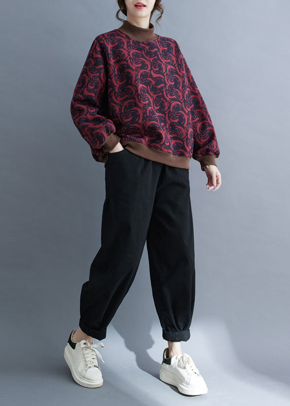 Fashion Mulberry Stand Collar Print Warm Fleece Pullover Streetwear Spring