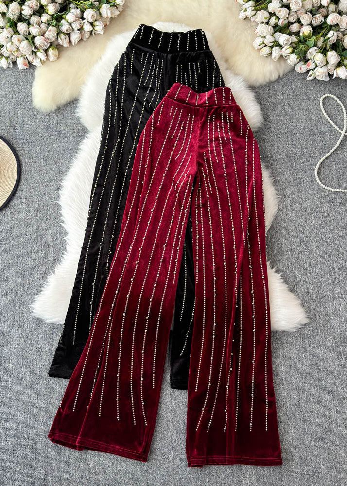 Fashion Mulberry Striped Zircon Silk Velvet Wide Leg Pants Spring