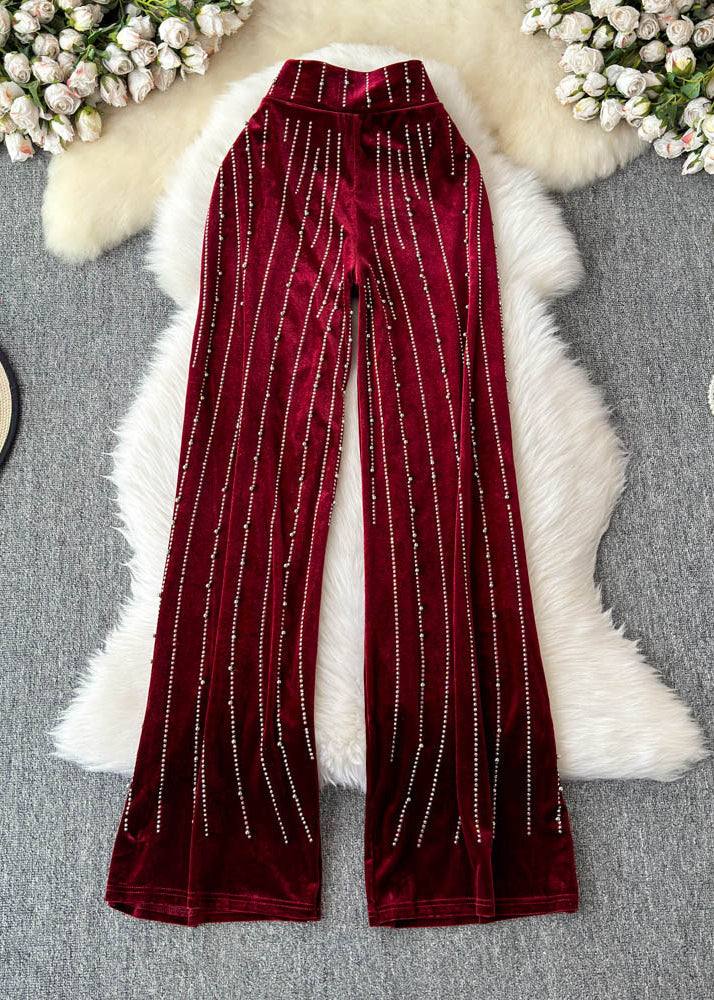 Fashion Mulberry Striped Zircon Silk Velvet Wide Leg Pants Spring