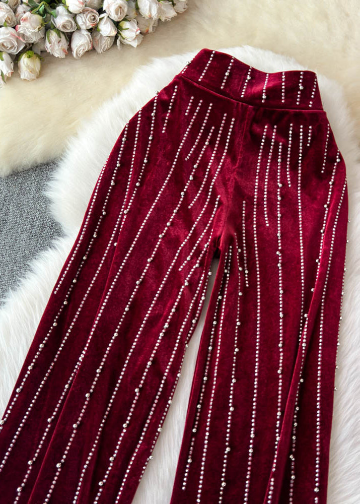 Fashion Mulberry Striped Zircon Silk Velvet Wide Leg Pants Spring