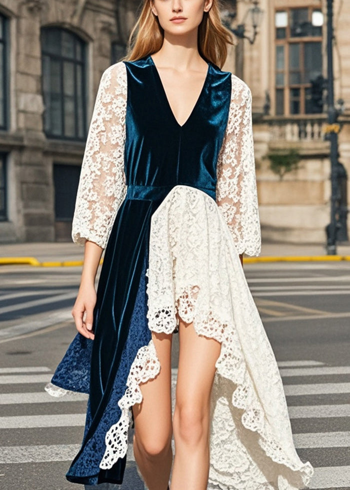 Fashion Navy Asymmetrical Lace Patchwork Silk Velvet Dresses Summer