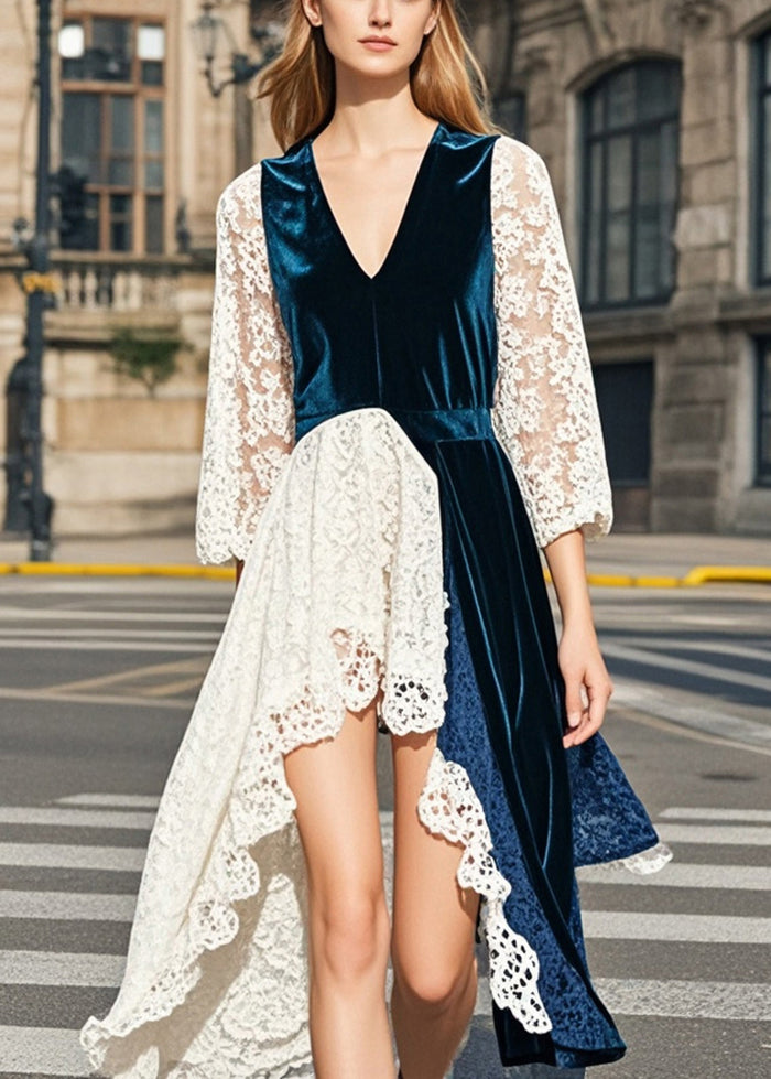 Fashion Navy Asymmetrical Lace Patchwork Silk Velvet Dresses Summer