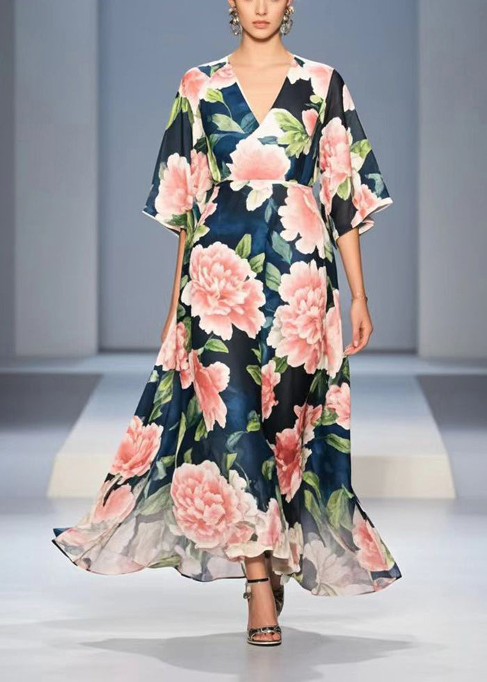 Fashion Navy V Neck Floral Chiffon Long Dress Summer