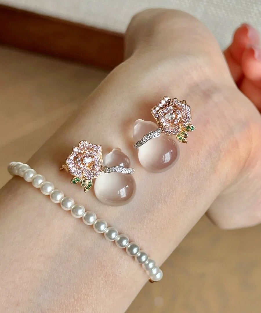 Fashion Nude Alloy Zircon Chalcedony Gourd Floral Stud Earrings