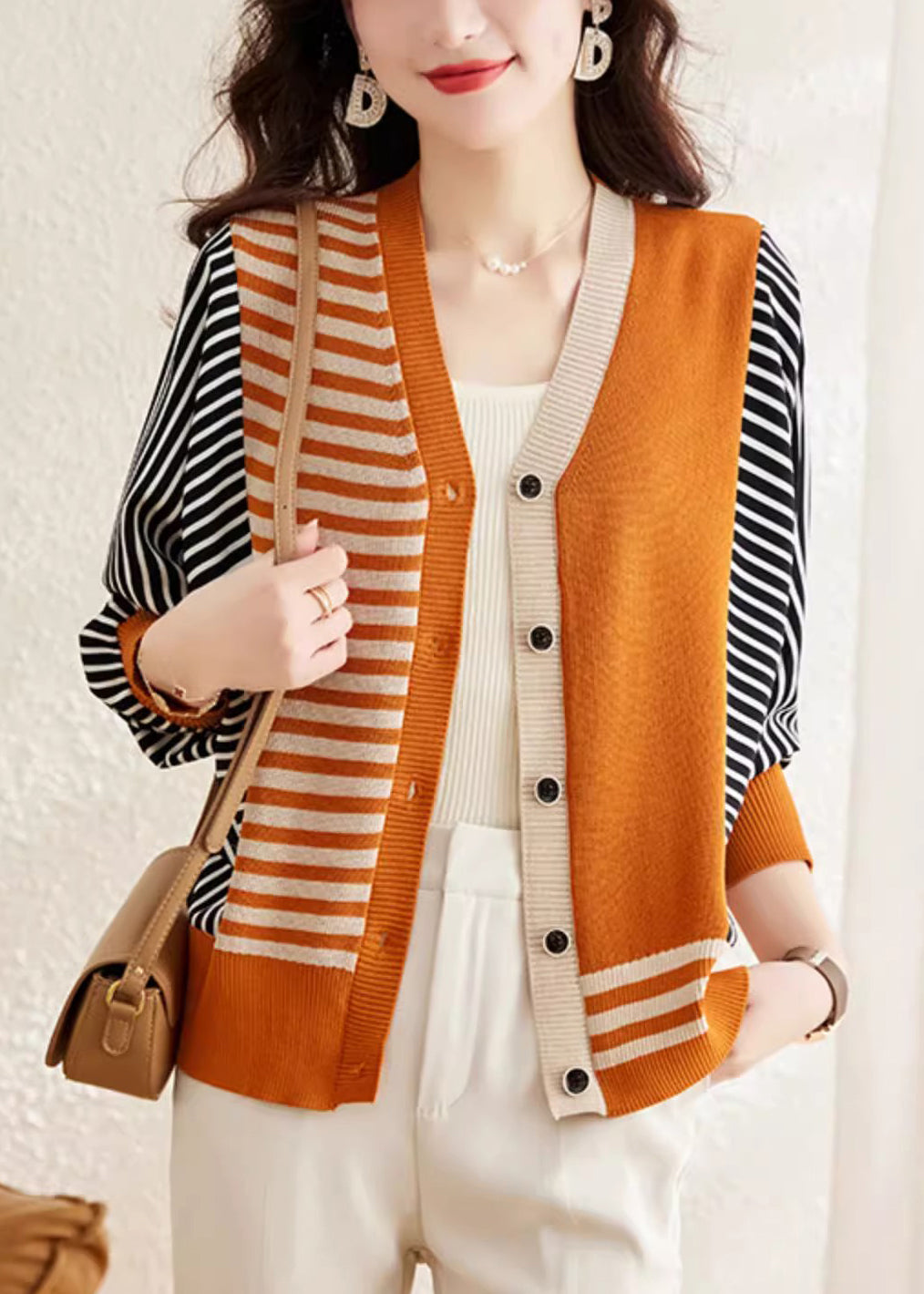 Fashion Orange V Neck Striped Button Woolen Sweater Spring