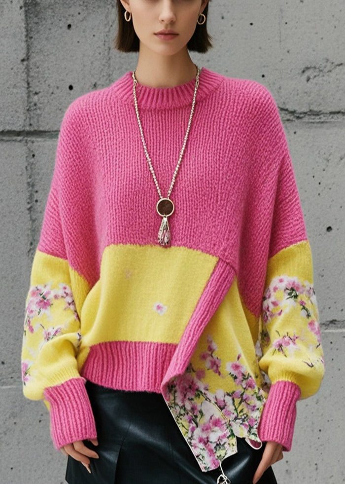 Fashion Pink Asymmetrical Patchwork Knit Pullover Fall