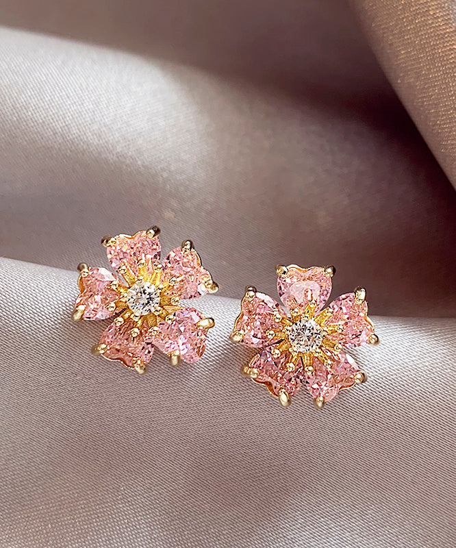 Fashion Pink Copper Alloy Zircon Floral Stud Earrings