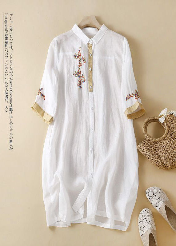 Fashion Pink Embroidered Patchwork Linen Shirt Dress Summer