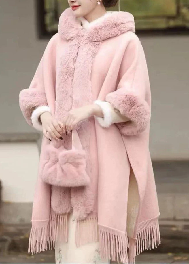 Fashion Pink Fur Collar Tassel Hooded Woolen Coat Fall