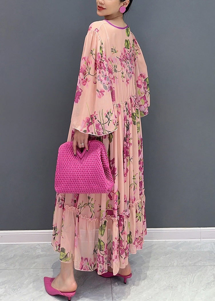 Fashion Pink Ruffled Print Tie Waist Chiffon Dress Flare Sleeve