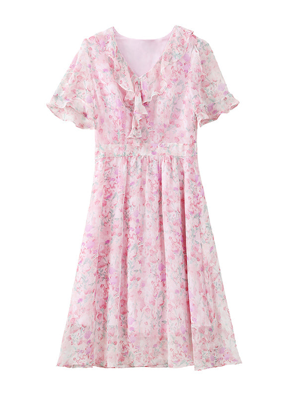 Fashion Pink V Neck Ruffled Print Chiffon Dress Summer