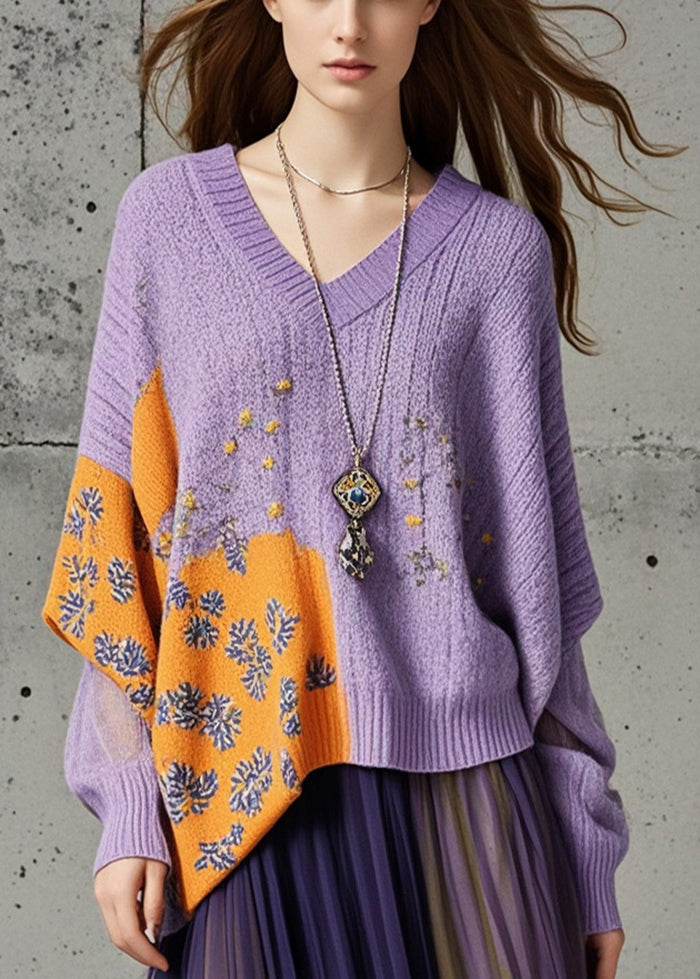 Fashion Purple Asymmetrical Print Knit Loose Sweater Fall