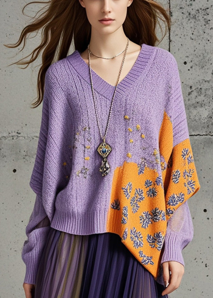 Fashion Purple Asymmetrical Print Knit Loose Sweater Fall