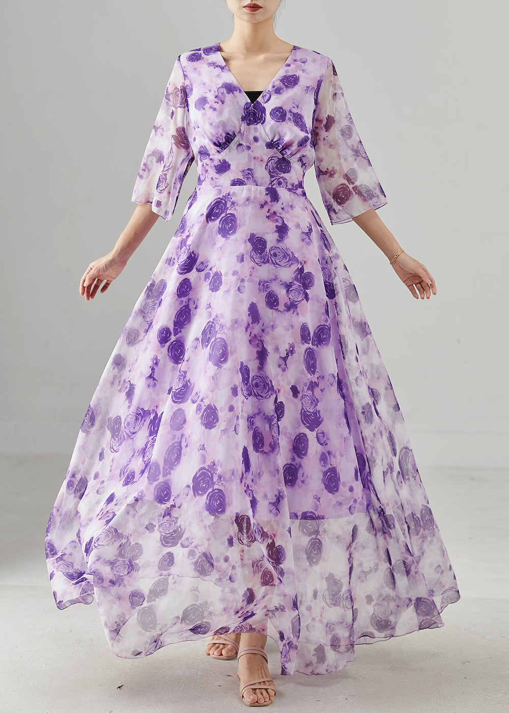 Fashion Purple Print Exra Large Hem Chiffon Long Dresses Summer