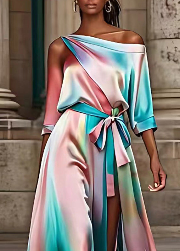 Fashion Rainbow Asymmetrical Patchwork Silk Maxi Dress Summer