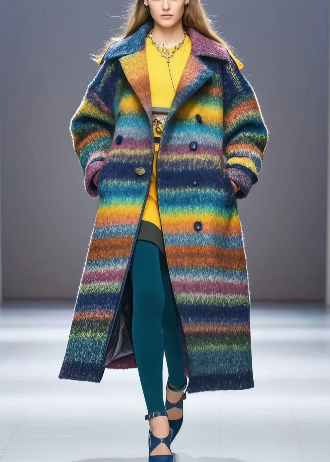 Fashion Rainbow Oversized Double Breast Woolen Coats Fall