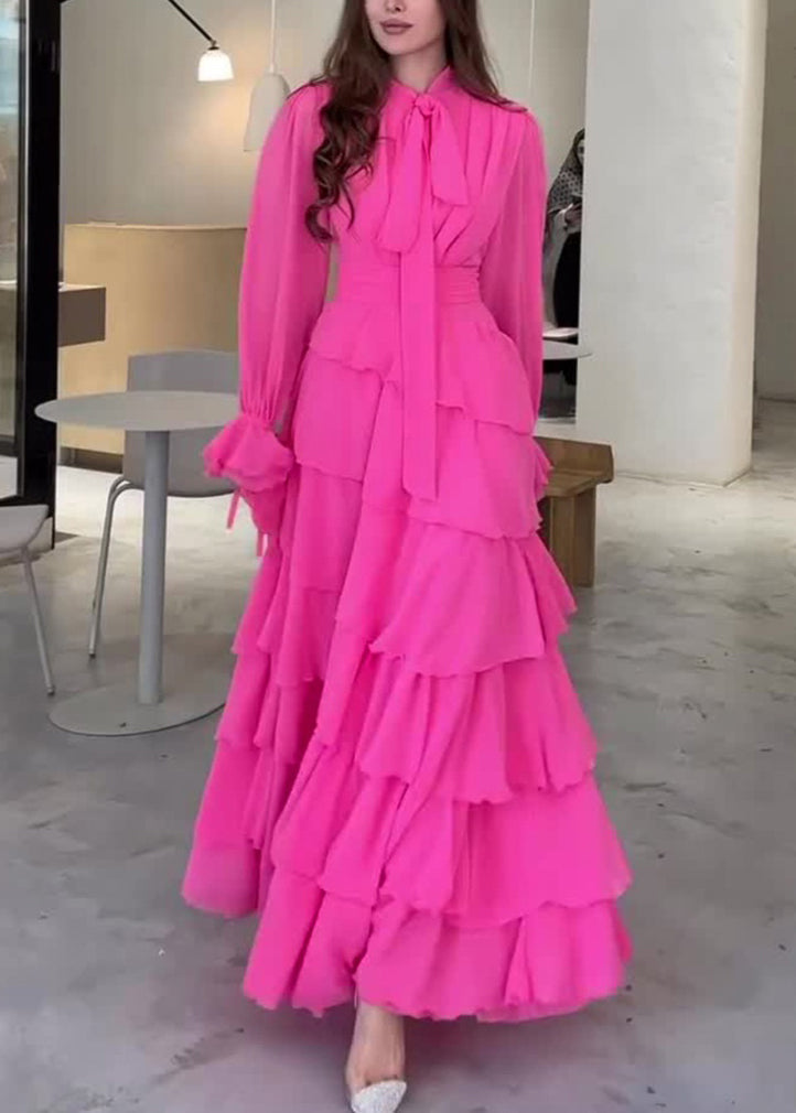 Fashion Rose Bow Ruffled Patchwork Chiffon Long Dress Fall