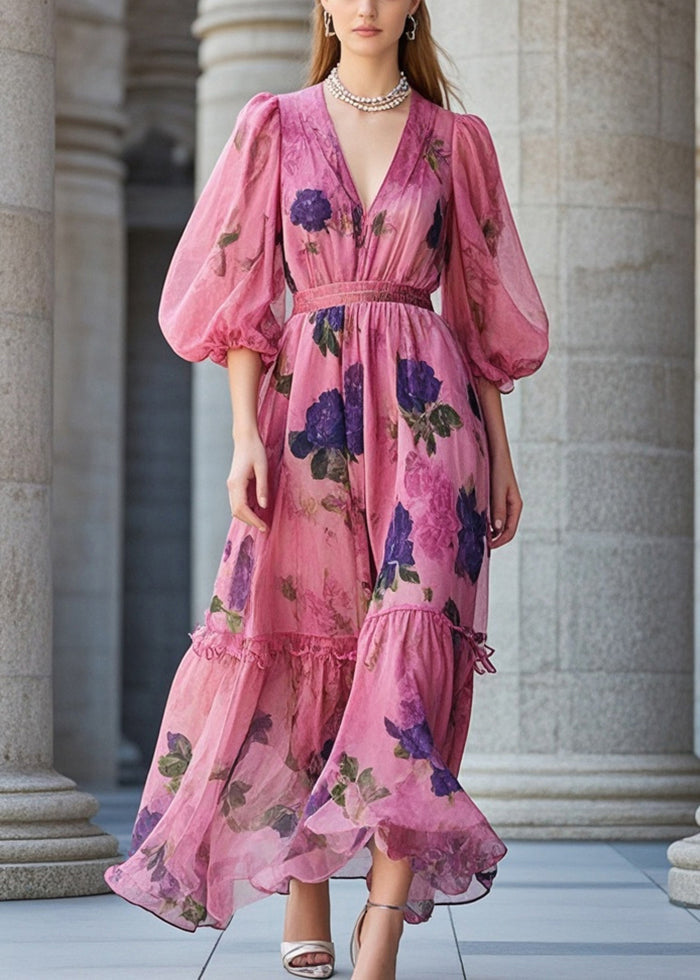 Fashion Rose Cinched Print Chiffon Robe Dresses Summer