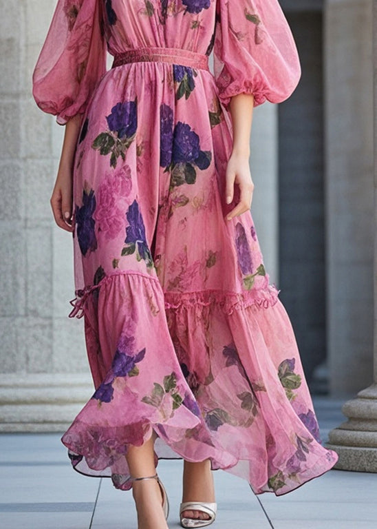 Fashion Rose Cinched Print Chiffon Robe Dresses Summer