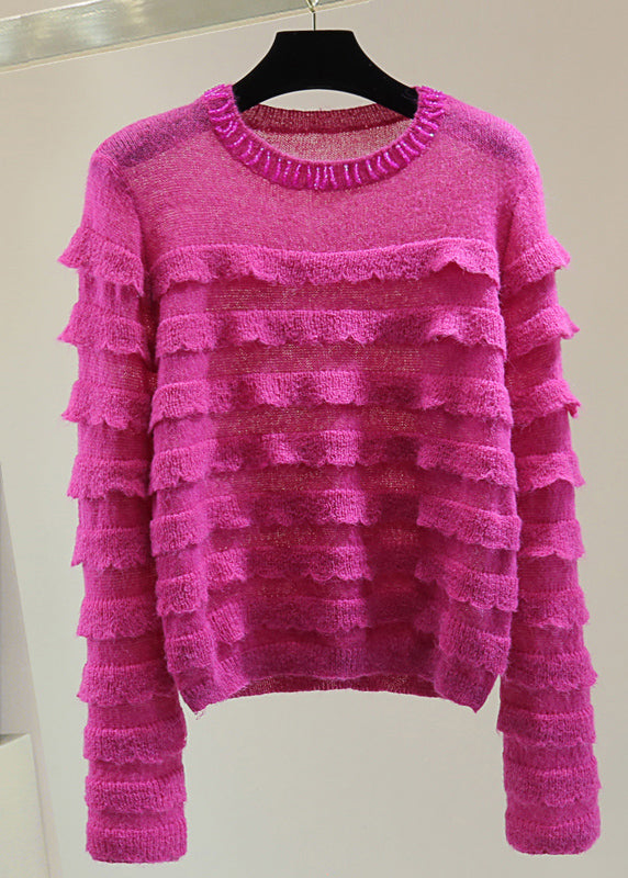 Fashion Rose Ruffled Patchwork Nail Bead Cotton Knit Sweater