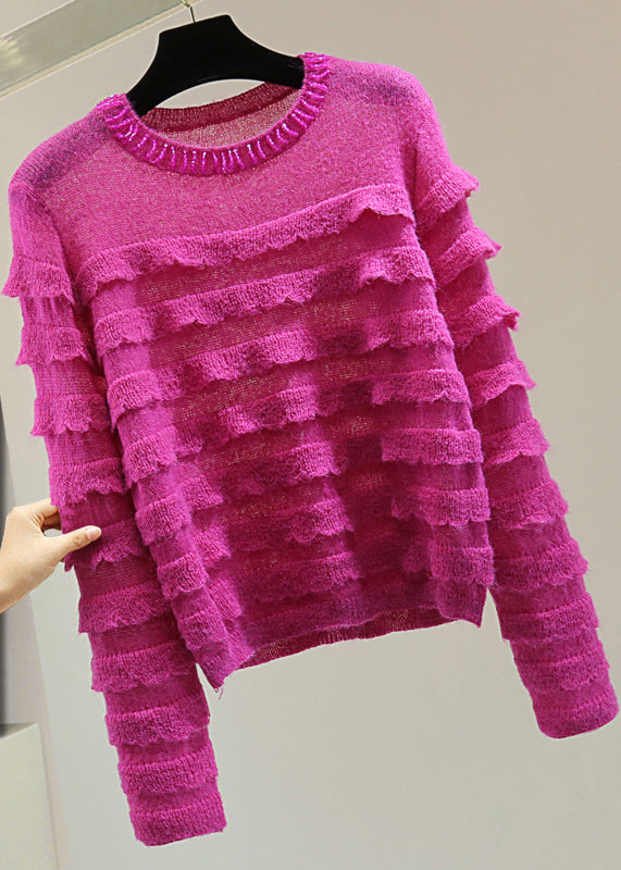 Fashion Rose Ruffled Patchwork Nail Bead Cotton Knit Sweater