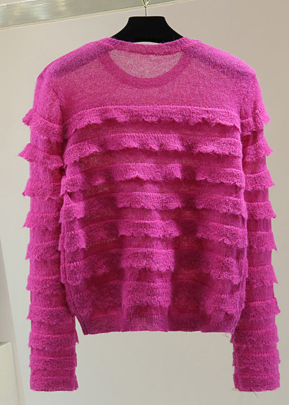 Fashion Rose Ruffled Patchwork Nail Bead Cotton Knit Sweater