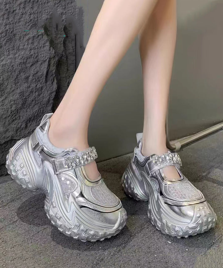 Fashion Silver Platform Sequins Zircon Breathable Mesh Sport Shoes