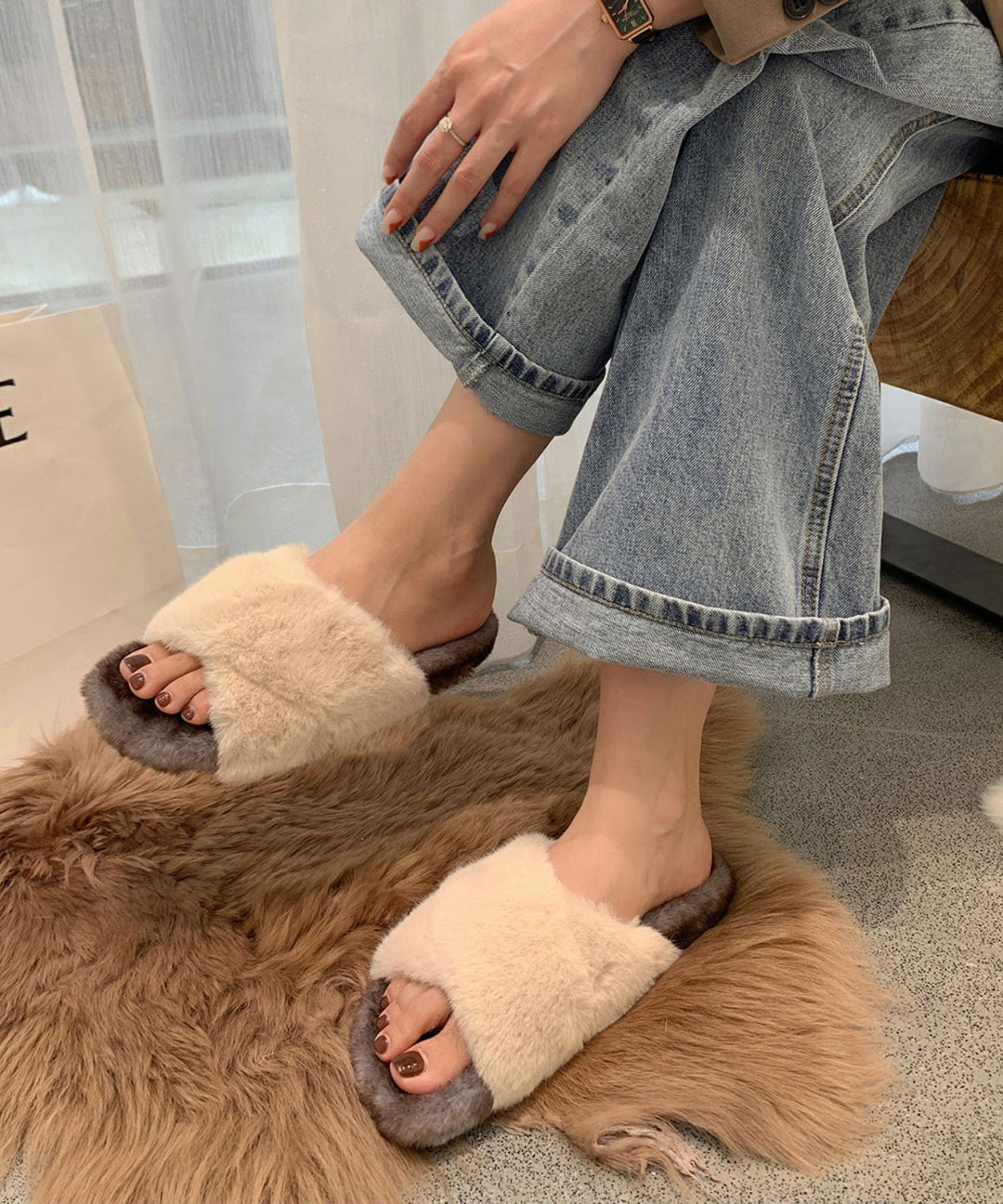 Fashion Splicing Platform Slippers Shoes Khaki Fuzzy Fur