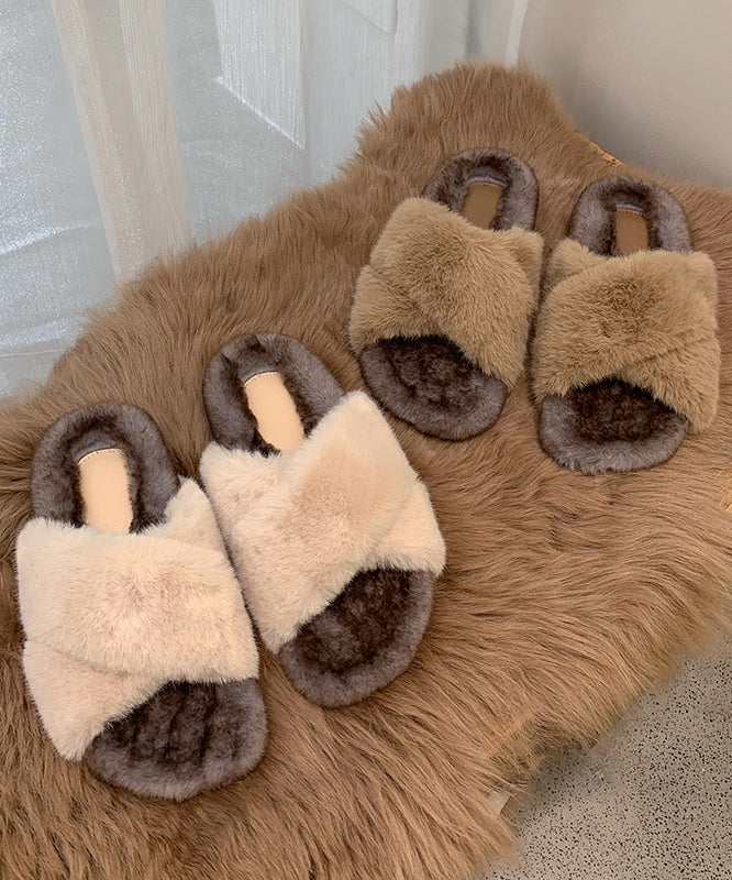 Fashion Splicing Platform Slippers Shoes Khaki Fuzzy Fur