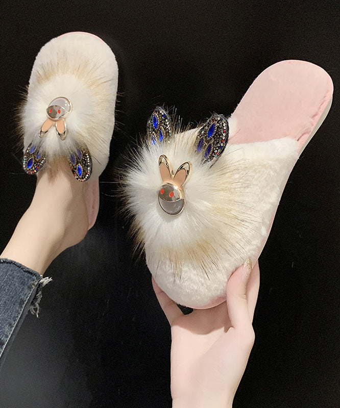 Fashion Splicing Slippers Shoes Khaki Fuzzy Fur Zircon