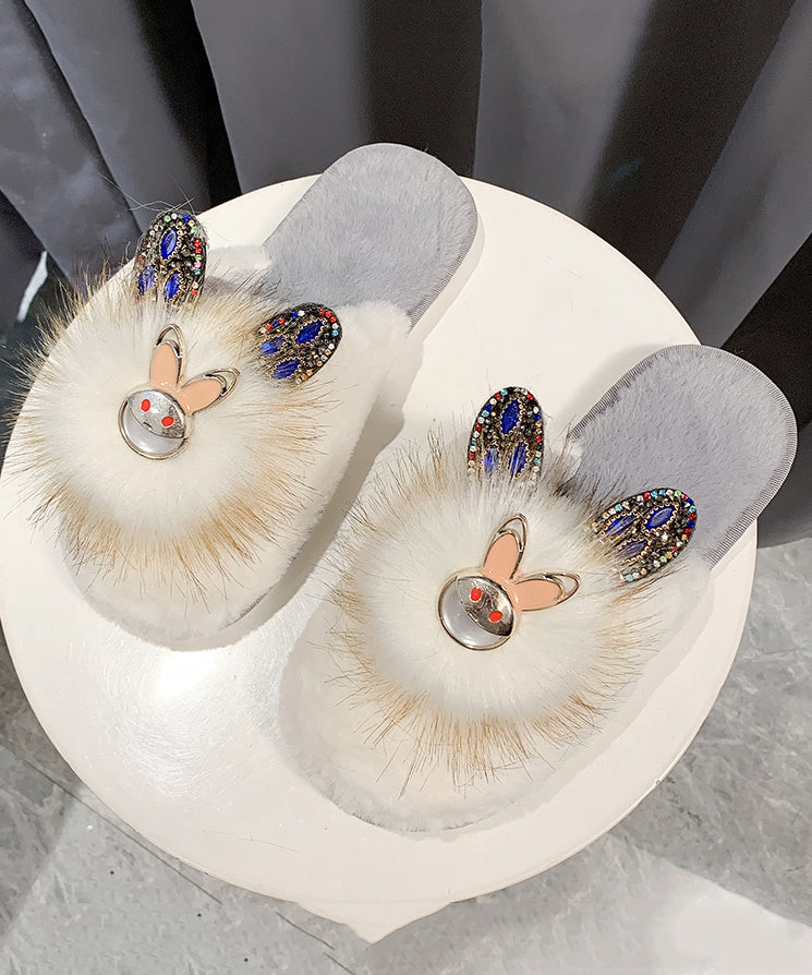 Fashion Splicing Slippers Shoes Khaki Fuzzy Fur Zircon