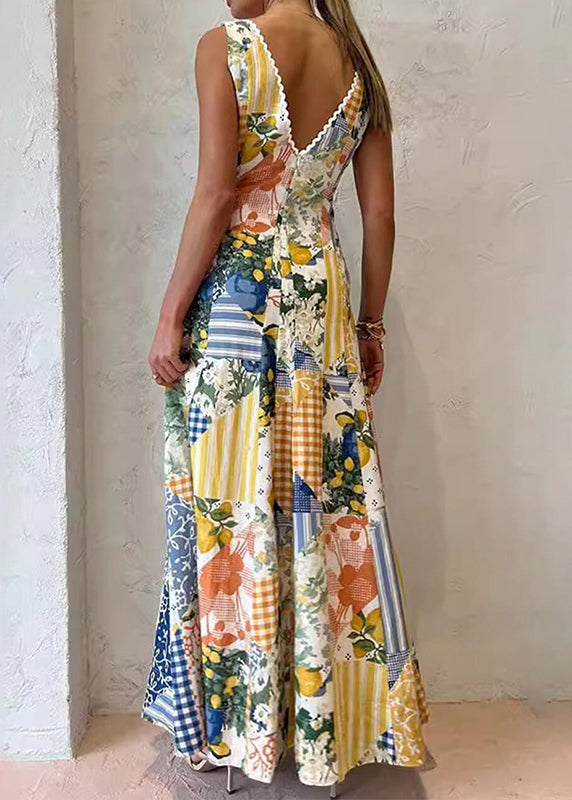 Fashion V Neck Print Backless Long Dresses Sleeveless