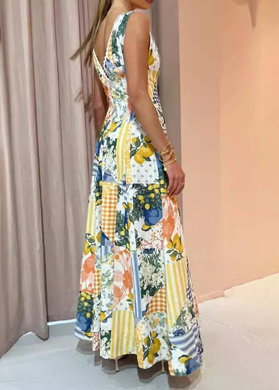 Fashion V Neck Print Backless Long Dresses Sleeveless