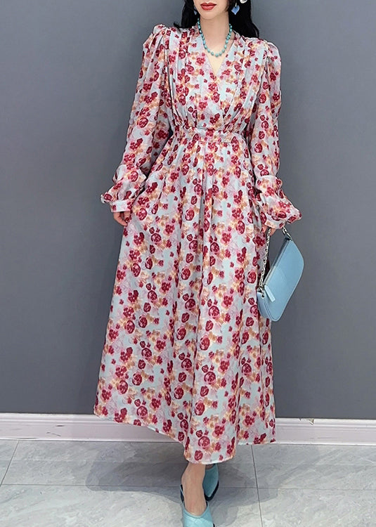 Fashion V Neck Print Tie Waist Long Dress Spring