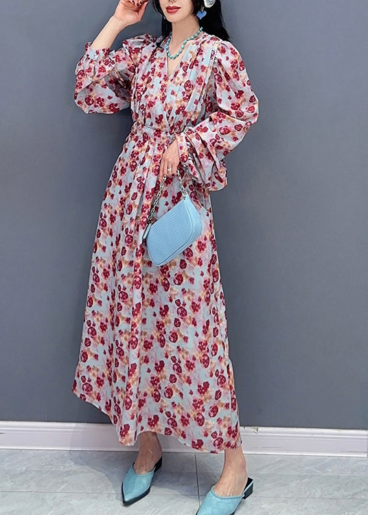 Fashion V Neck Print Tie Waist Long Dress Spring