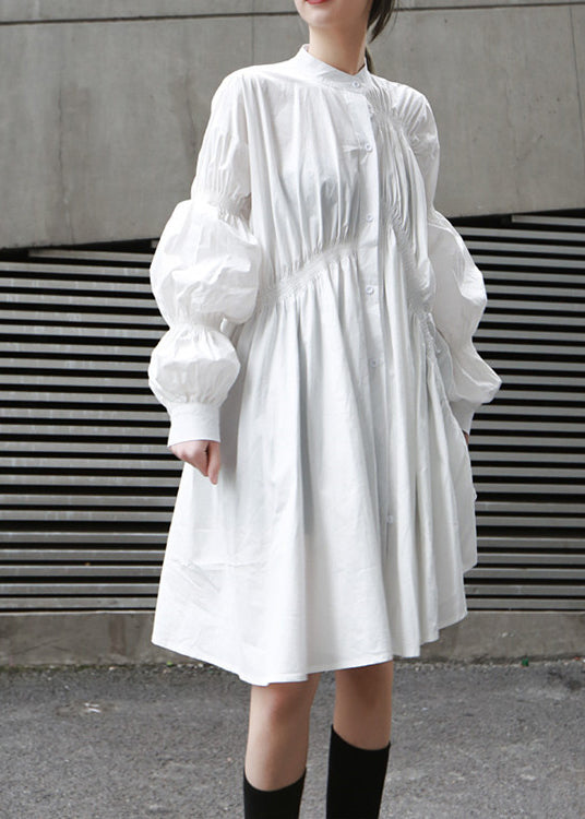 Fashion White Cinched Asymmetrical Design Cotton Dress Fall