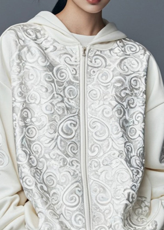 Fashion White Print Zippered Hoodies Fall Outwear