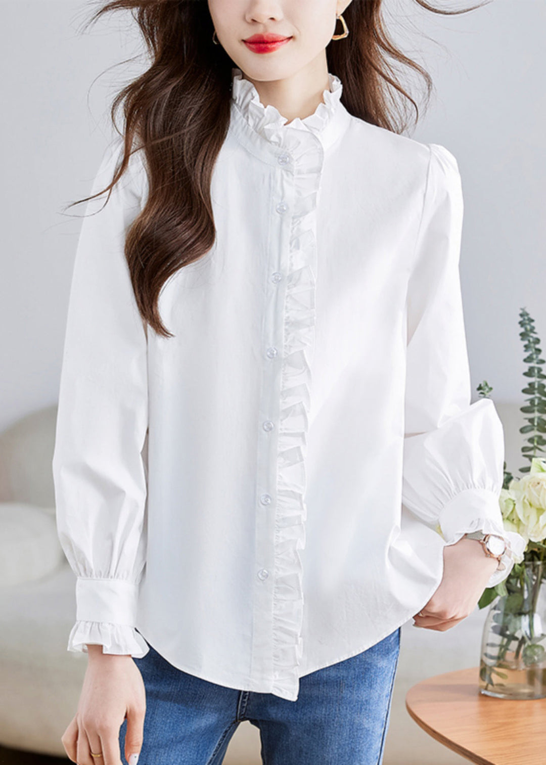 Fashion White Stand Collar Ruffled Patchwork Button Shirt Puff Sleeve