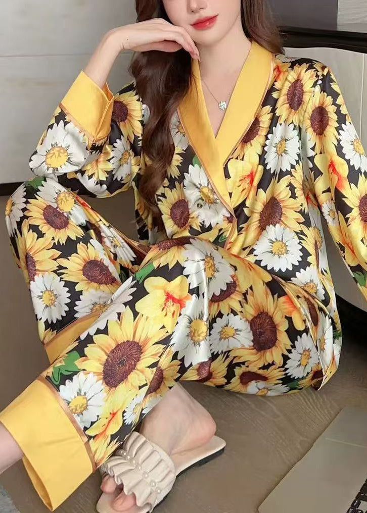 Fashion Yellow Print Shirts And Pants Ice Silk Pajamas Two Piece Set Spring