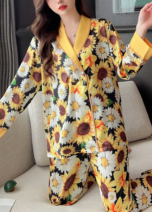 Fashion Yellow Print Shirts And Pants Ice Silk Pajamas Two Piece Set Spring