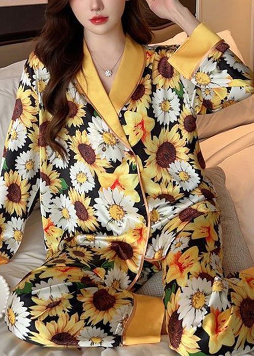 Fashion Yellow Print Shirts And Pants Ice Silk Pajamas Two Piece Set Spring