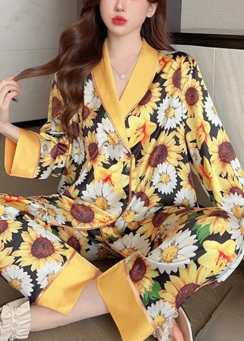 Fashion Yellow Print Shirts And Pants Ice Silk Pajamas Two Piece Set Spring