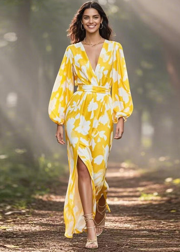 Fashion Yellow V Neck Print Side Open Chiffon Dress Spring