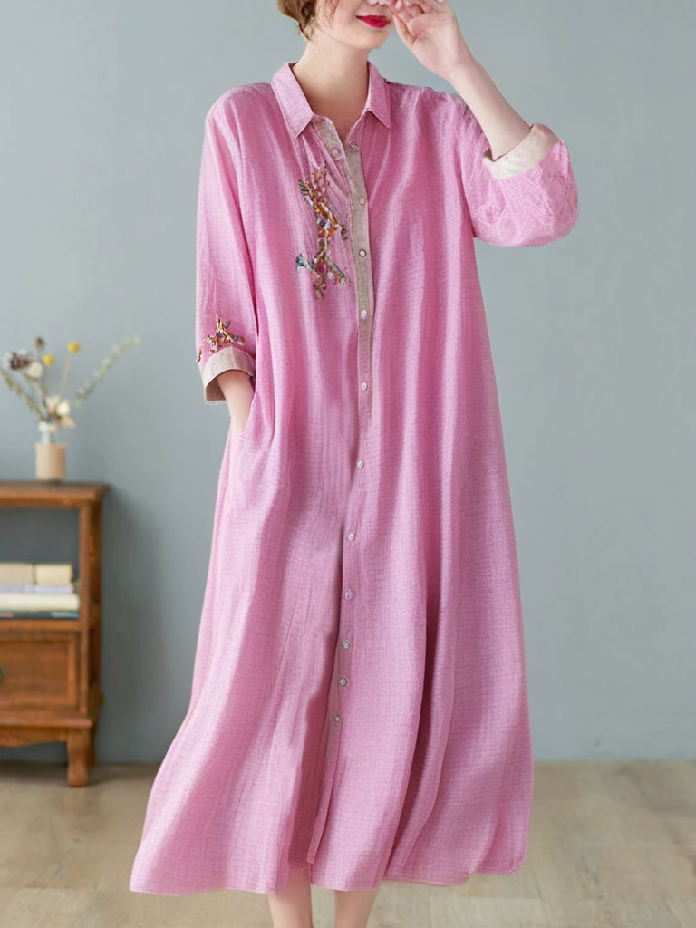 Fashion Pink Embroidered Patchwork Linen Shirt Dress Grace