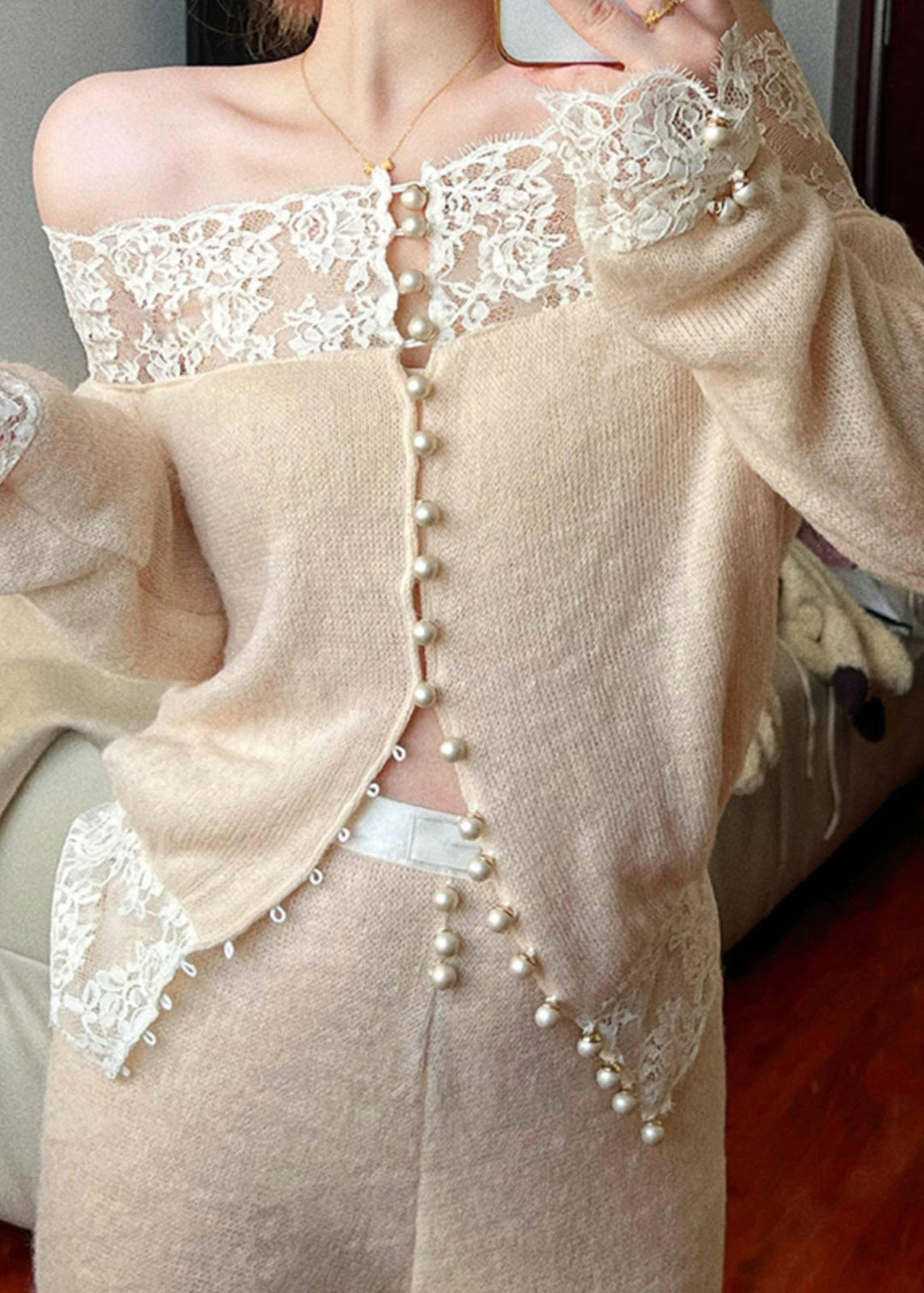 Fine Apricot Slash Neck Lace Patchwork Knit Two Piece Suit Set Spring