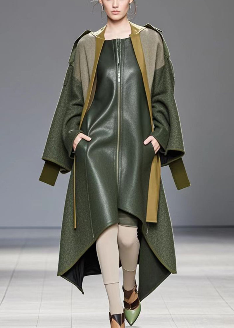 Fine Army Green Asymmetrical Patchwork Faux Leather Fake Two Piece Coat Fall