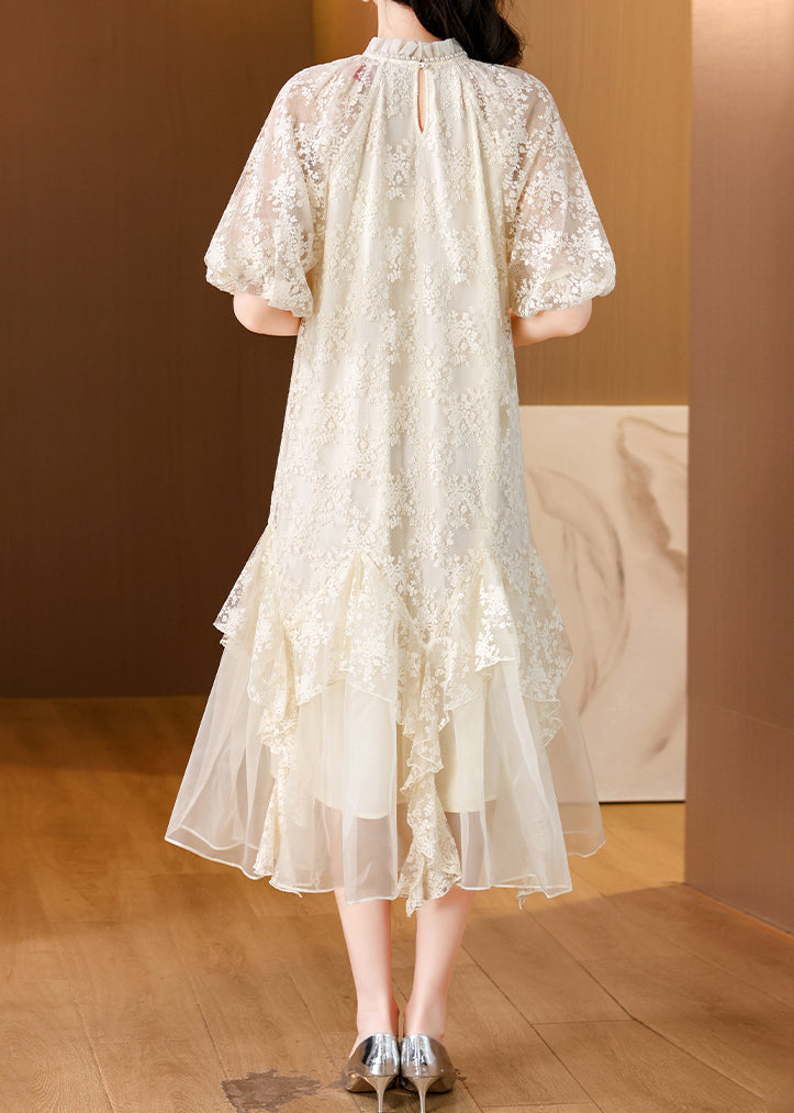 Fine Beige Asymmetrical Pearl Lace Dress Lantern Sleeve