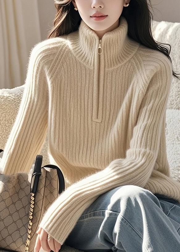 Fine Beige Zip Up High Neck Knitted Sweaters Spring