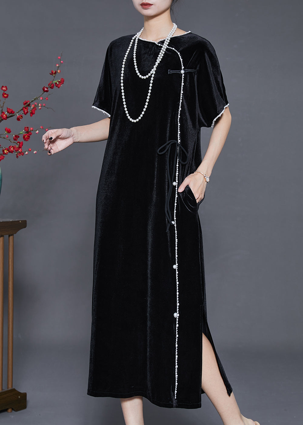 Fine Black Nail Bead Silk Velvet Oriental Dresses Summer