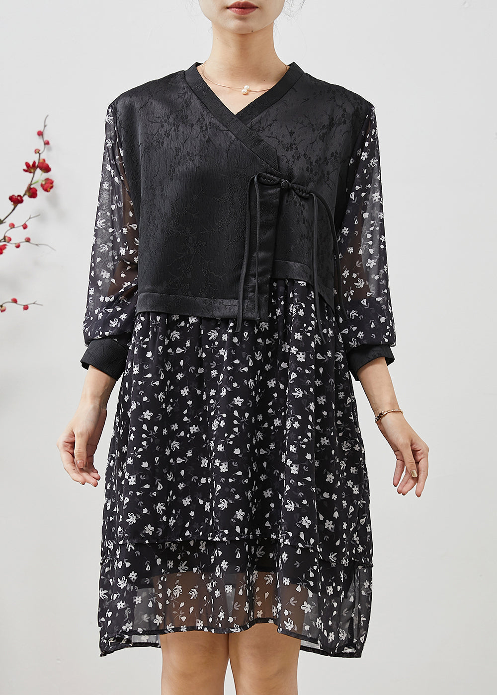 Fine Black Print Patchwork Chinese Button Chiffon Dress Summer